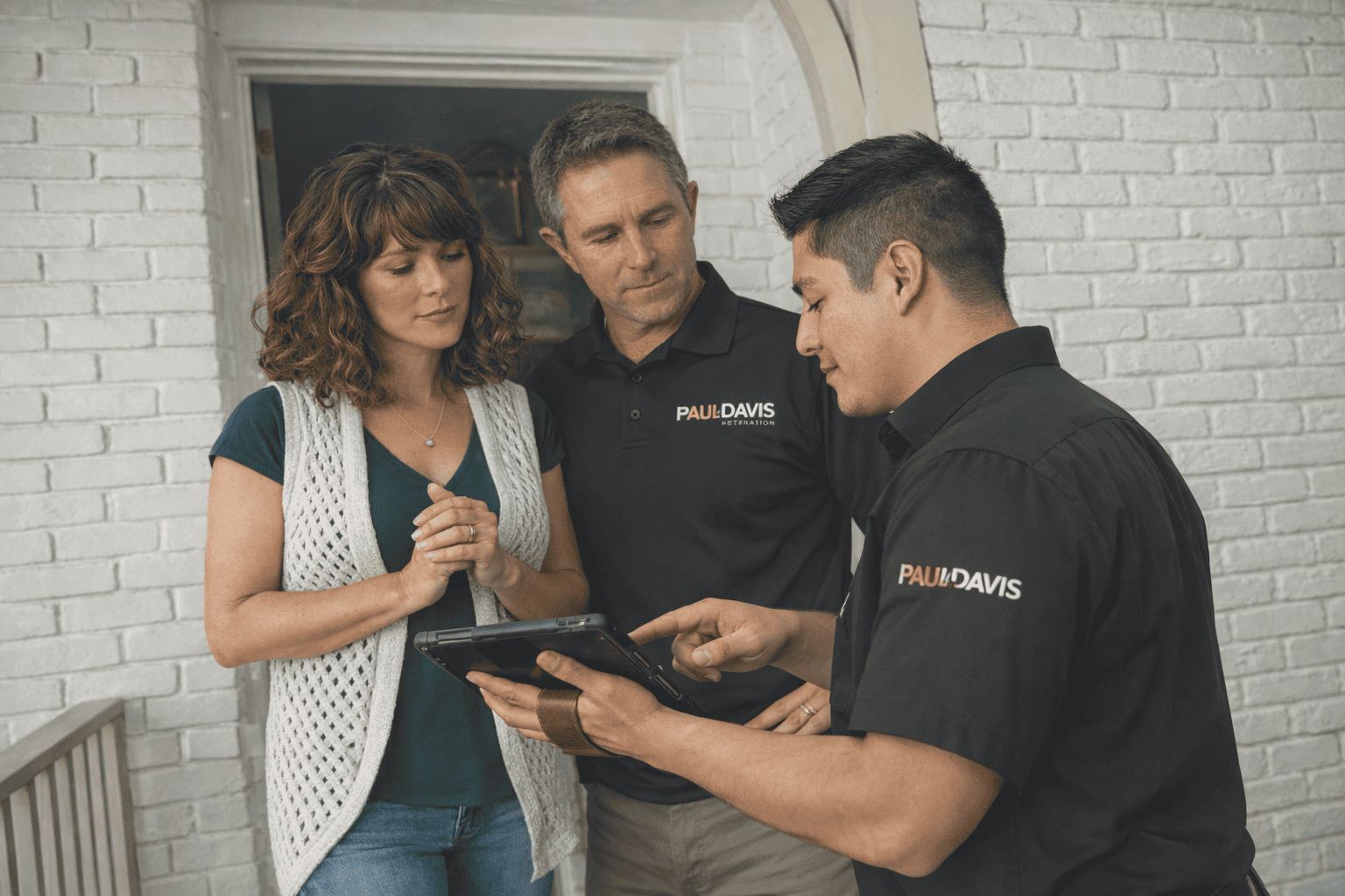Paul Davis Restoration Boise team member reviewing project details on tablet with homeowners, highlighting professional property damage assessment and insurance claim support services